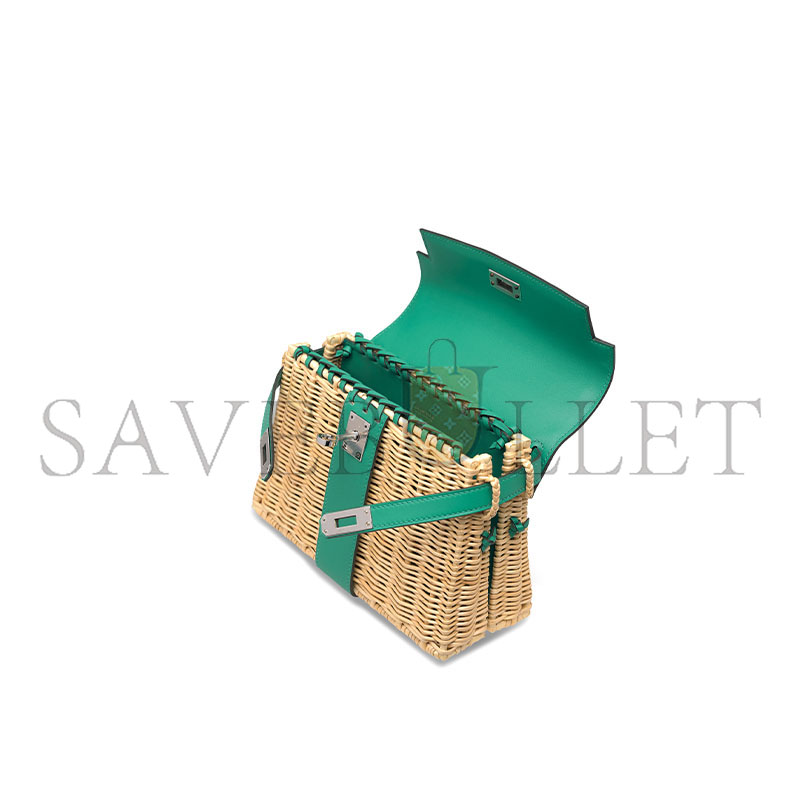 HERMÈS MASTER VERT VÉRONE SWIFT LEATHER & OSIER MINI PICNIC KELLY 20 WITH PALLADIUM HARDWARE (20*14*8cm)